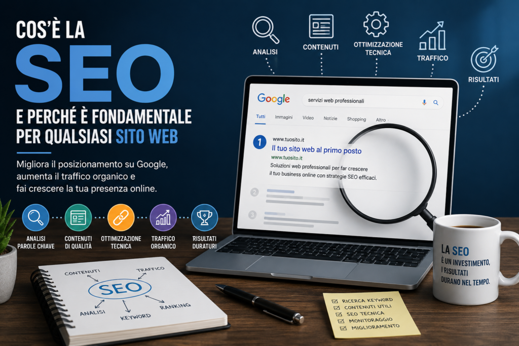 SEO che mostra il posizionamento su Google, l'ottimizzazione per i motori di ricerca, l'analisi delle parole chiave, i contenuti di qualità e le strategie per aumentare il traffico organico di un sito web.