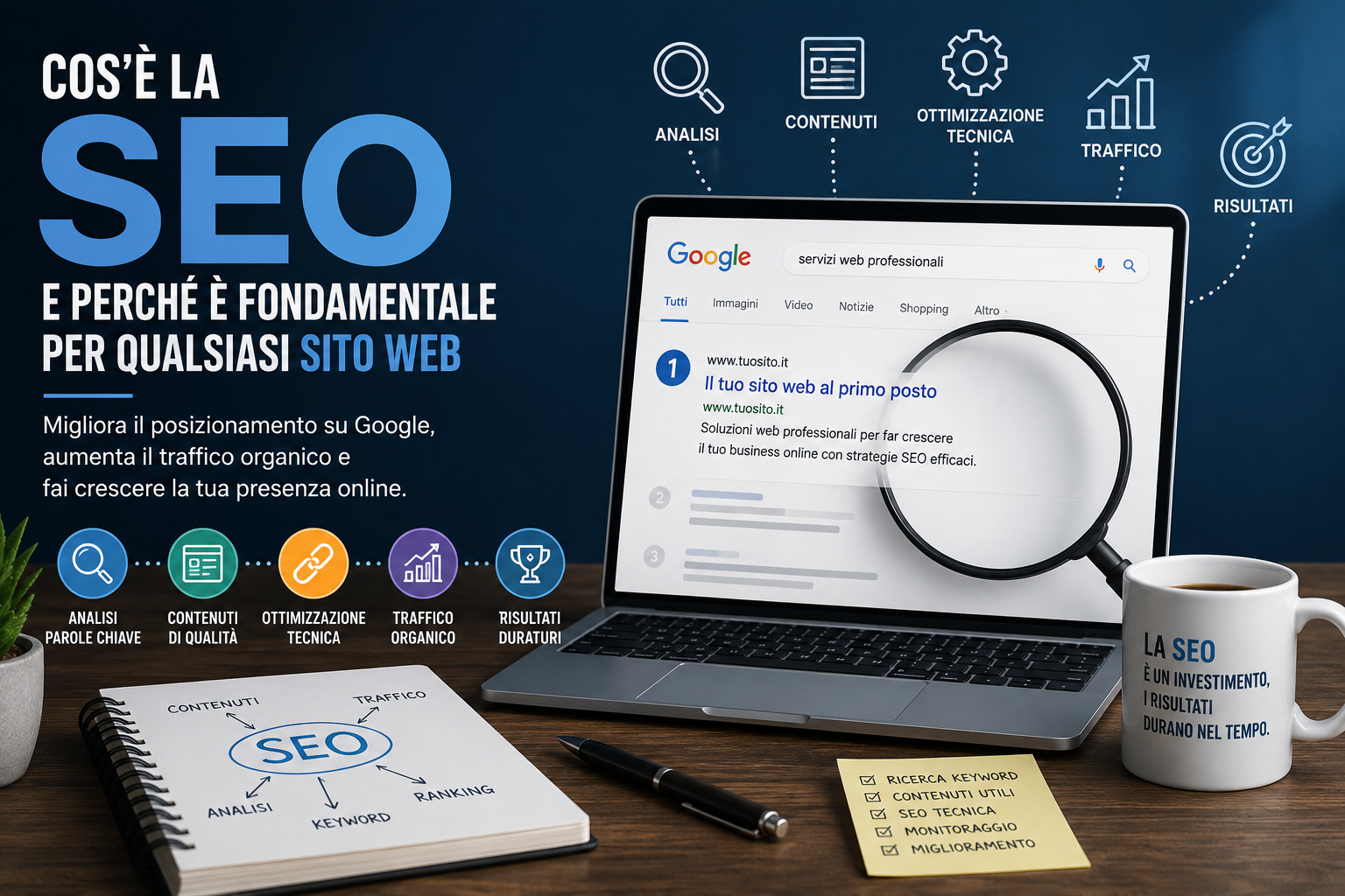 SEO che mostra il posizionamento su Google, l'ottimizzazione per i motori di ricerca, l'analisi delle parole chiave, i contenuti di qualità e le strategie per aumentare il traffico organico di un sito web.