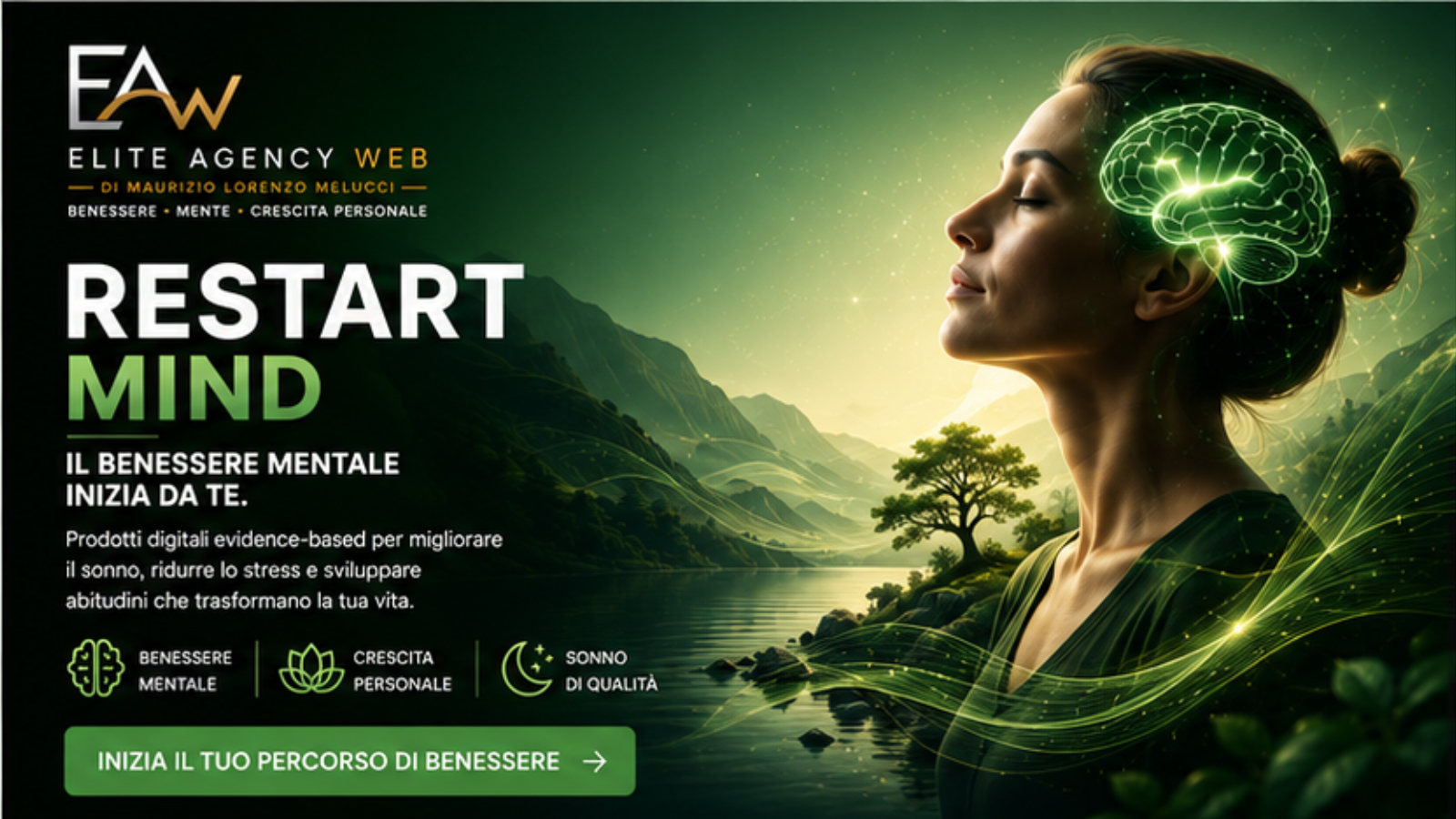 Banner del progetto Restart Mind dedicato ai progetti digitali sviluppati per il benessere mentale, la qualità del sonno e la gestione dello stress.