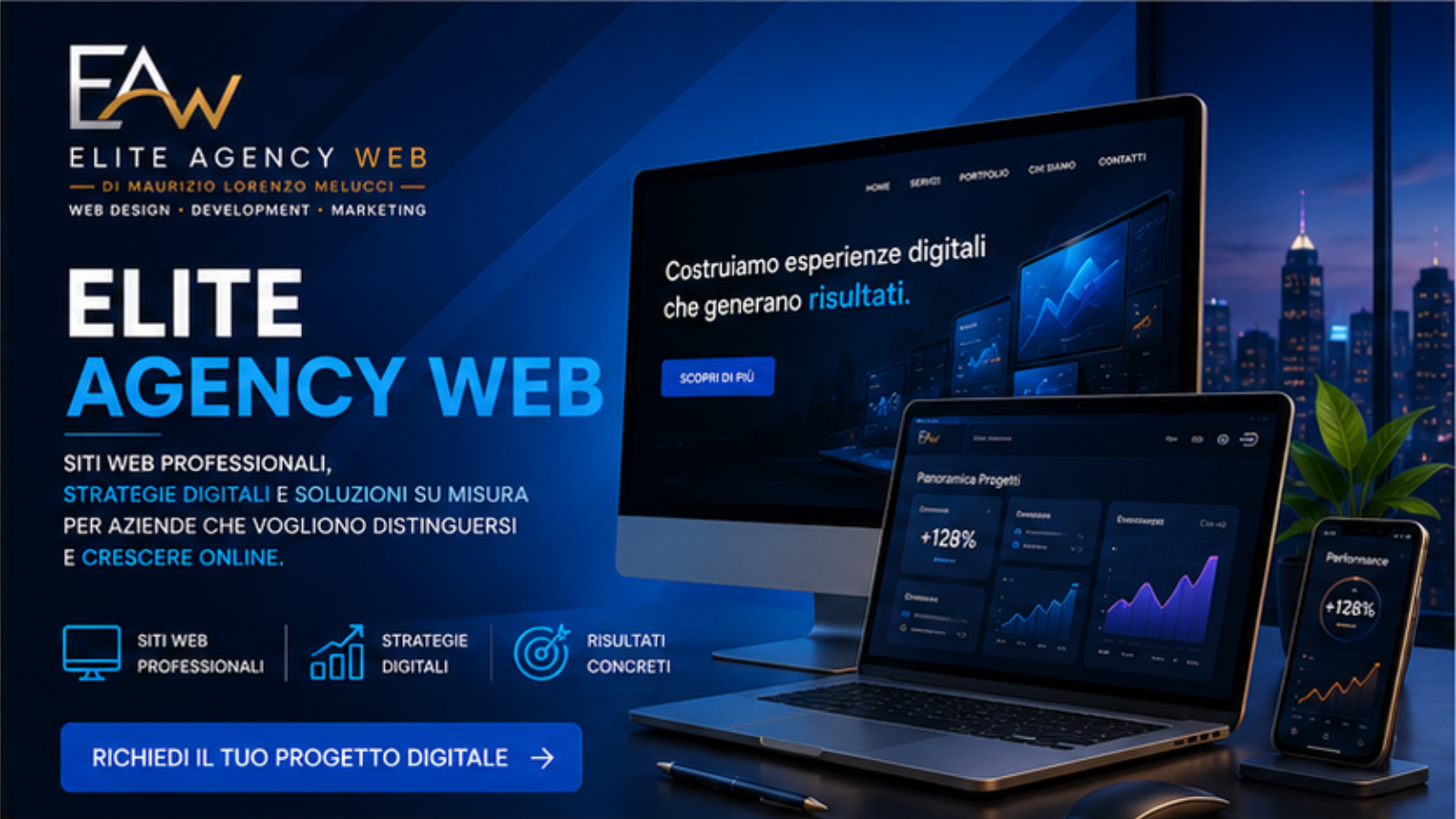 Banner Elite Agency Web dedicato allo sviluppo di progetti digitali, siti web professionali, branding e strategie digitali per aziende, professionisti e startup.