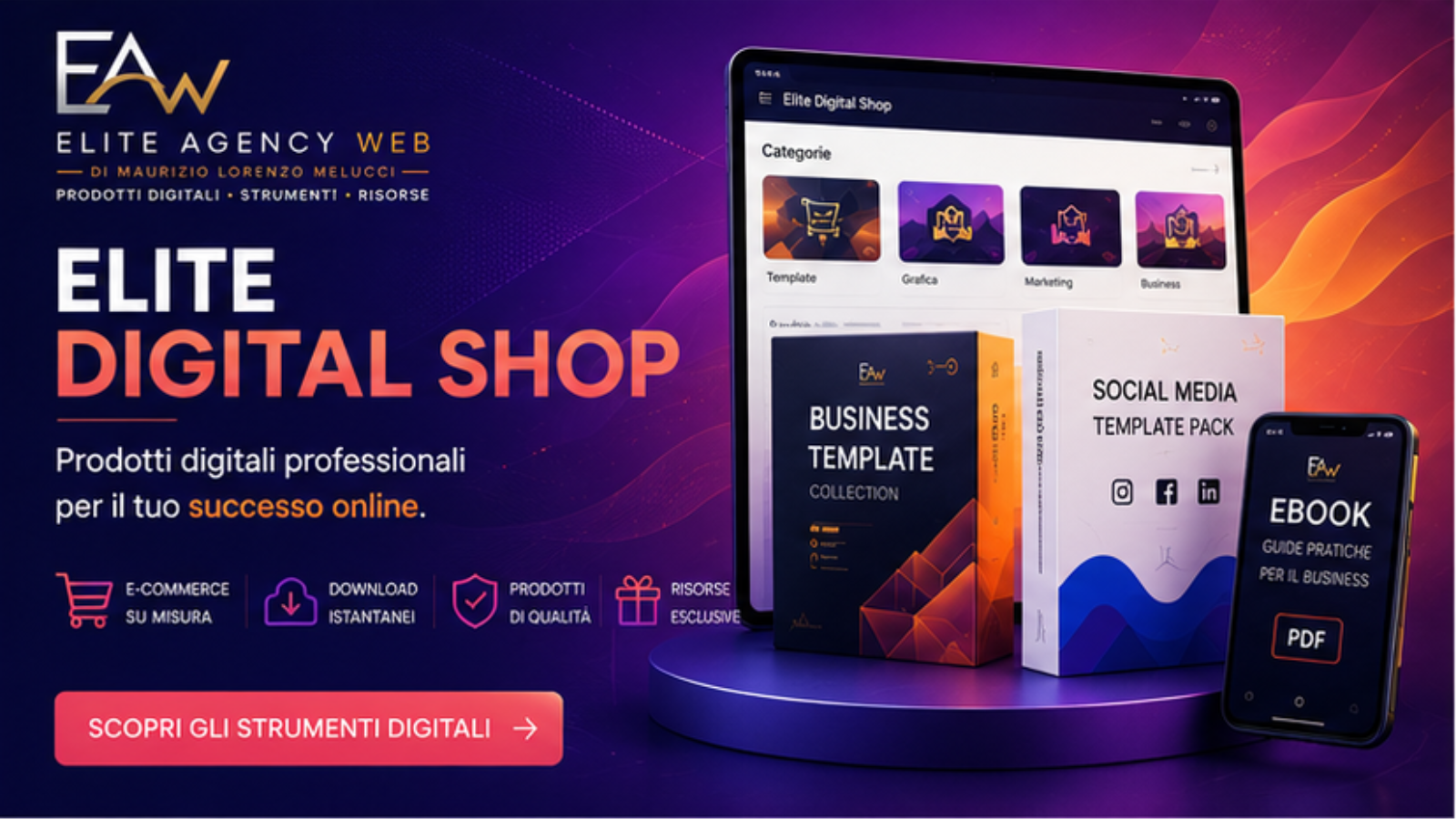 Banner Elite Digital Shop dedicato ai progetti digitali con prodotti digitali professionali, template, risorse e strumenti per il business online.