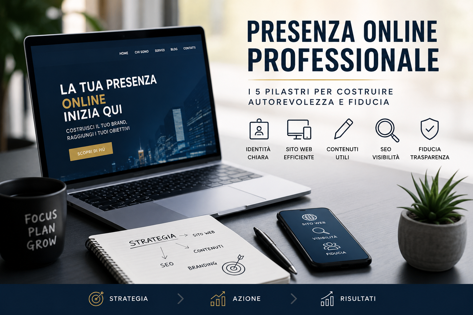 Illustrazione che rappresenta i cinque pilastri per costruire una presenza online professionale: branding, sito web, contenuti di qualità, SEO e fiducia.