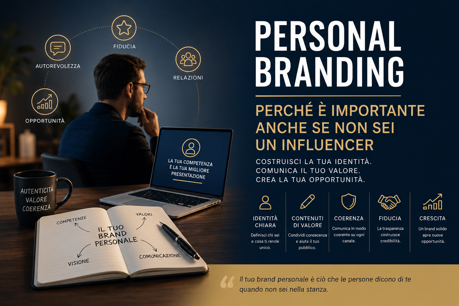 Illustrazione dedicata al personal branding che rappresenta i principali elementi per costruire un brand personale autorevole: identità, contenuti di valore, coerenza, fiducia, relazioni e crescita professionale.
