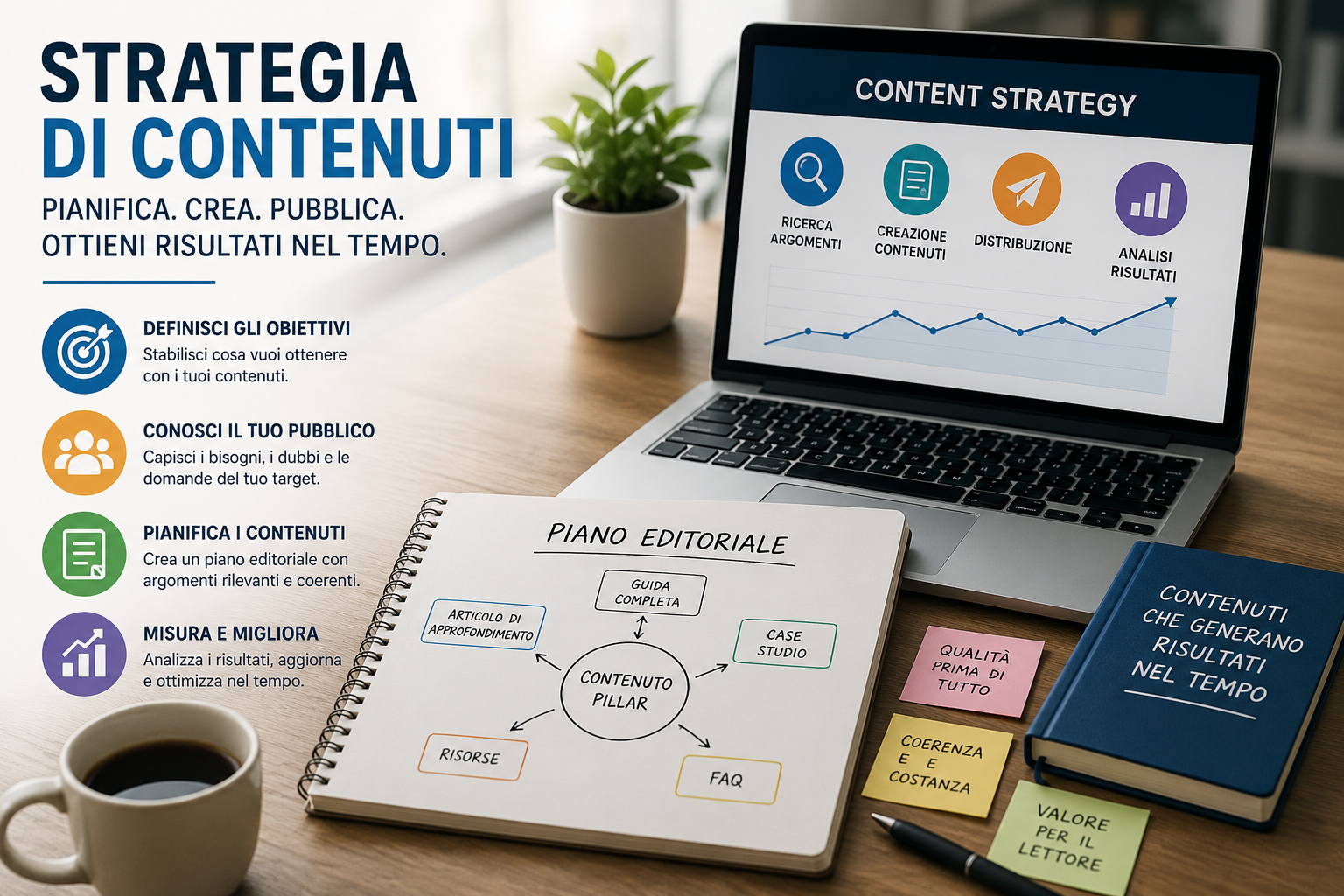Strategia di contenuti per il content marketing: pianificazione editoriale, contenuti pillar e crescita dell'autorevolezza nel tempo.