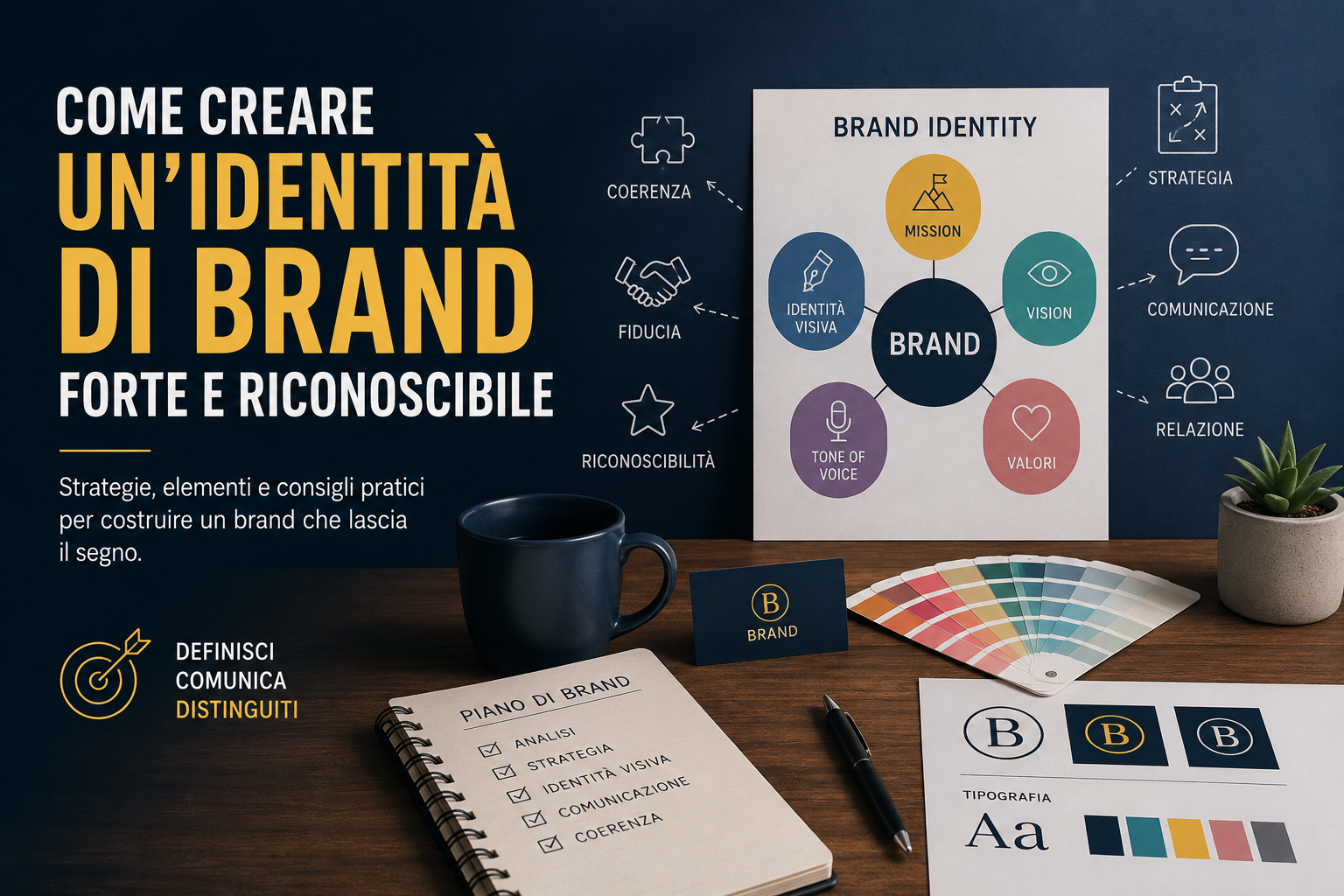 Illustrazione dedicata alla Brand Identity con gli elementi fondamentali per creare un'identità di brand forte e riconoscibile: mission, vision, valori, identità visiva e tone of voice.