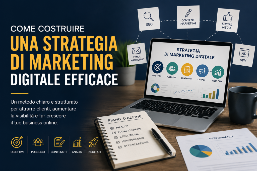 Illustrazione dedicata alla strategia di marketing digitale con sito web, SEO, content marketing, social media, email marketing e analisi dei risultati per la crescita del business online.