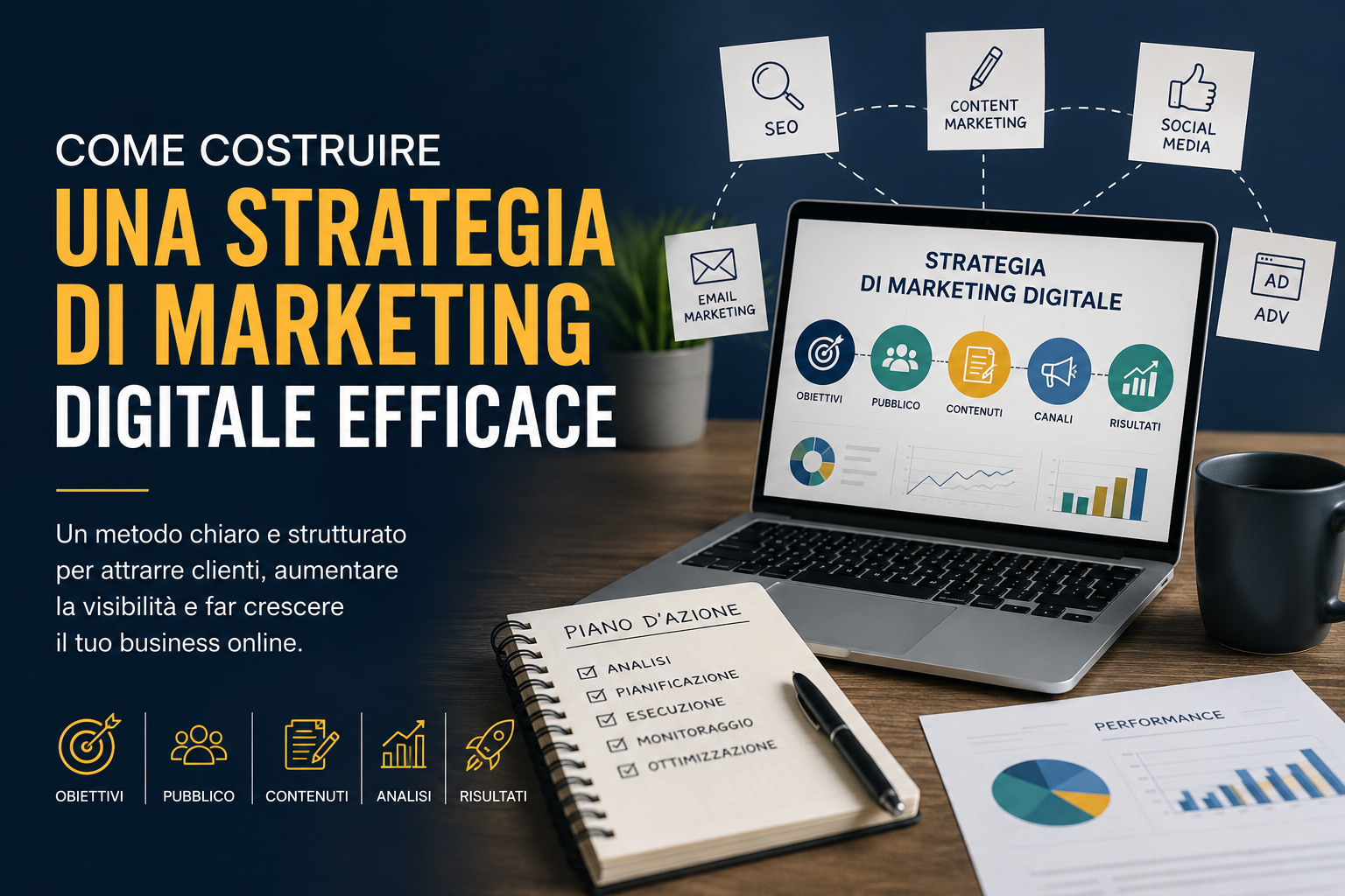 Illustrazione dedicata alla strategia di marketing digitale con sito web, SEO, content marketing, social media, email marketing e analisi dei risultati per la crescita del business online.