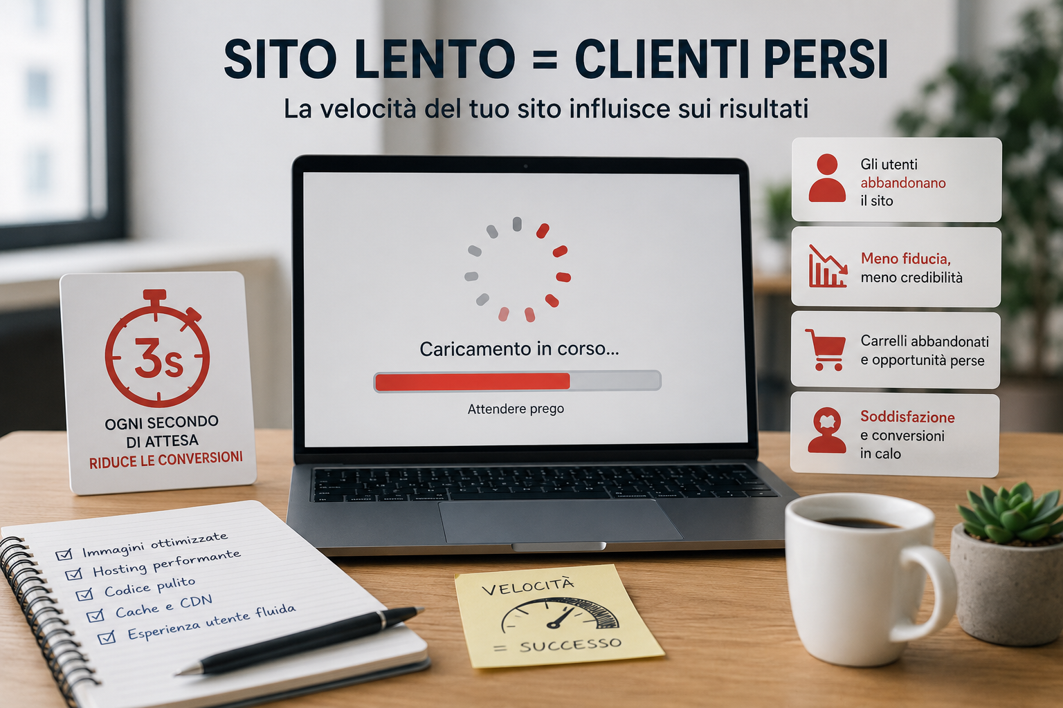 Sito lento: illustrazione che mostra come un sito web lento possa ridurre conversioni, fiducia e acquisizione di clienti.
