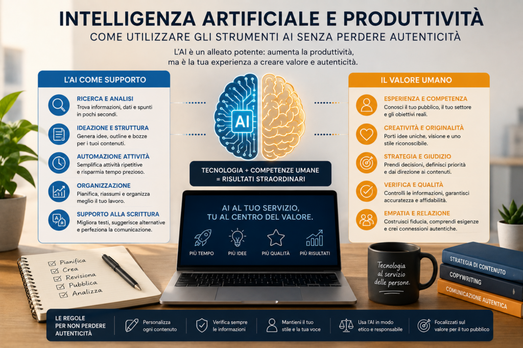 Intelligenza artificiale e produttività: utilizzo dell'AI per migliorare l'efficienza, creare contenuti di qualità e mantenere autenticità, creatività e credibilità del brand.