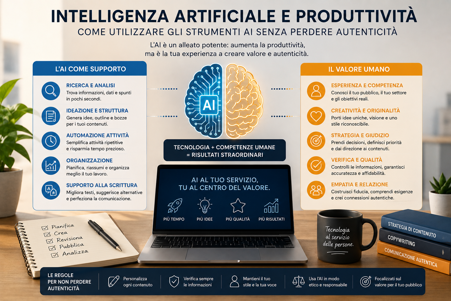 Intelligenza artificiale e produttività: utilizzo dell'AI per migliorare l'efficienza, creare contenuti di qualità e mantenere autenticità, creatività e credibilità del brand.