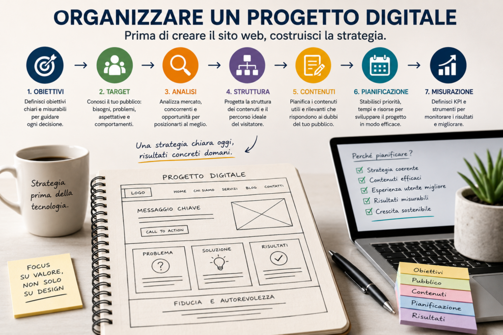 Organizzare un progetto digitale definendo obiettivi, target, contenuti e strategia prima di realizzare il sito web.