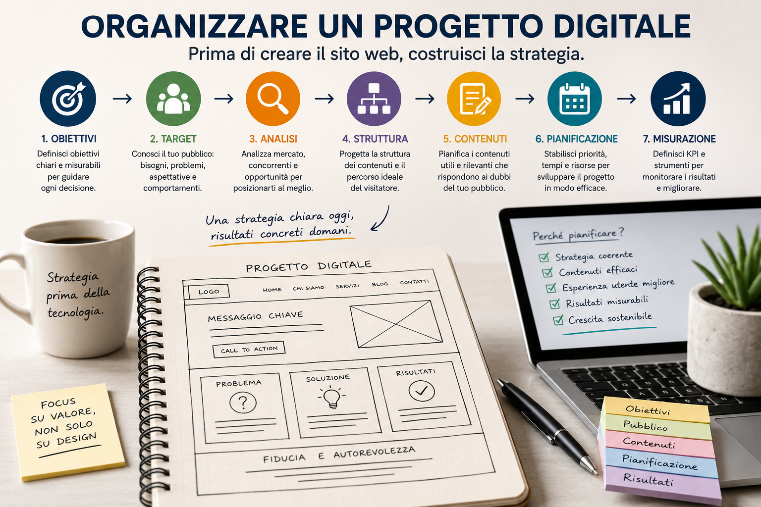 Organizzare un progetto digitale definendo obiettivi, target, contenuti e strategia prima di realizzare il sito web.