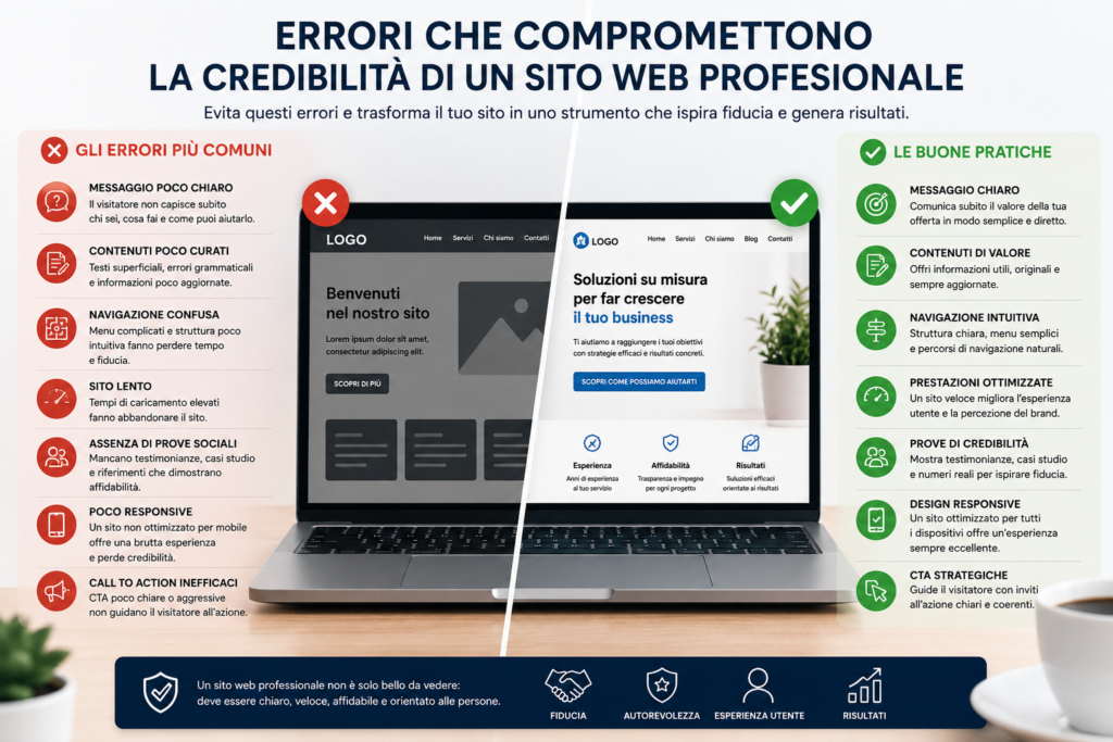 Errori sito web professionale e buone pratiche per migliorare esperienza utente, fiducia e autorevolezza del brand.