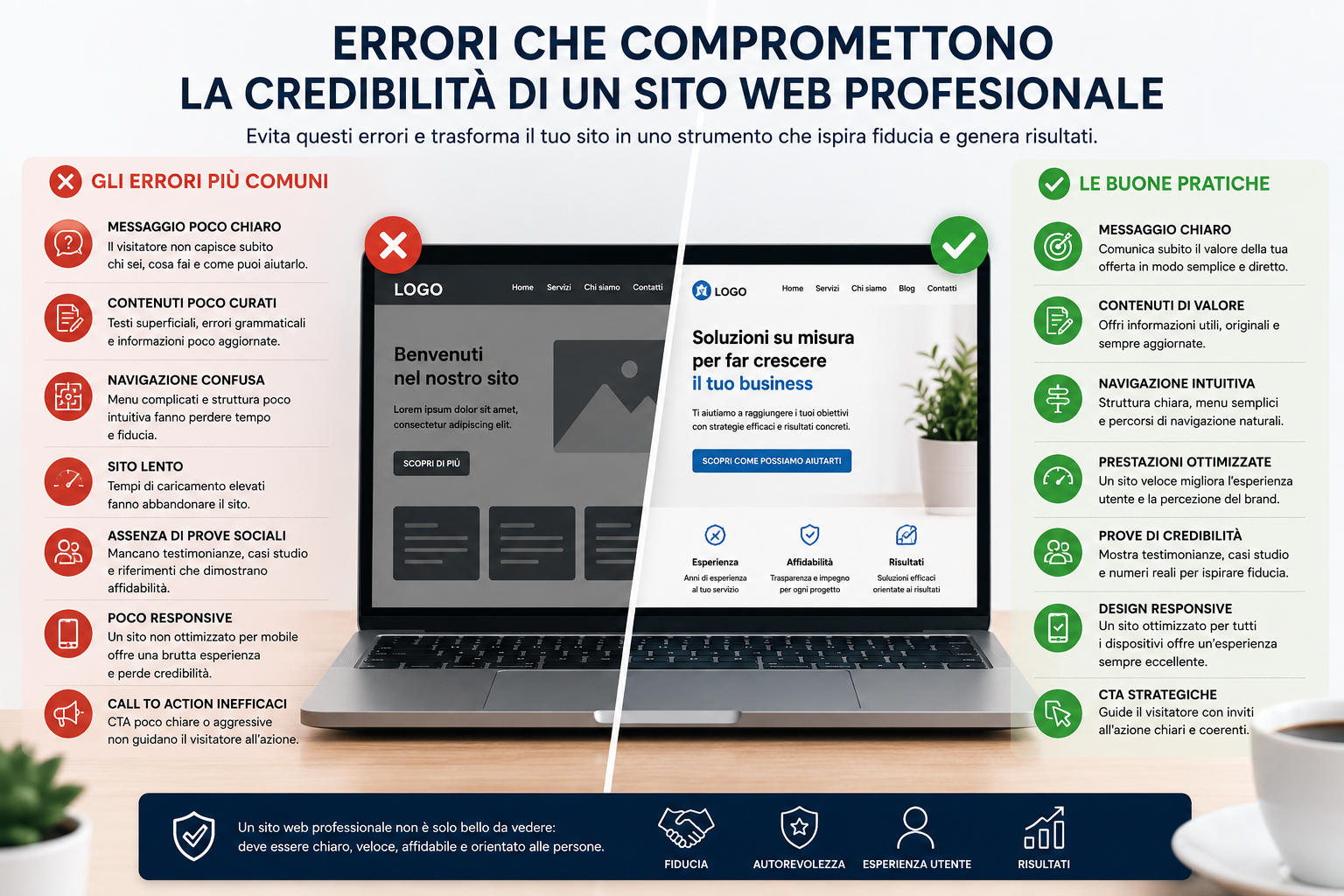 Errori sito web professionale e buone pratiche per migliorare esperienza utente, fiducia e autorevolezza del brand.