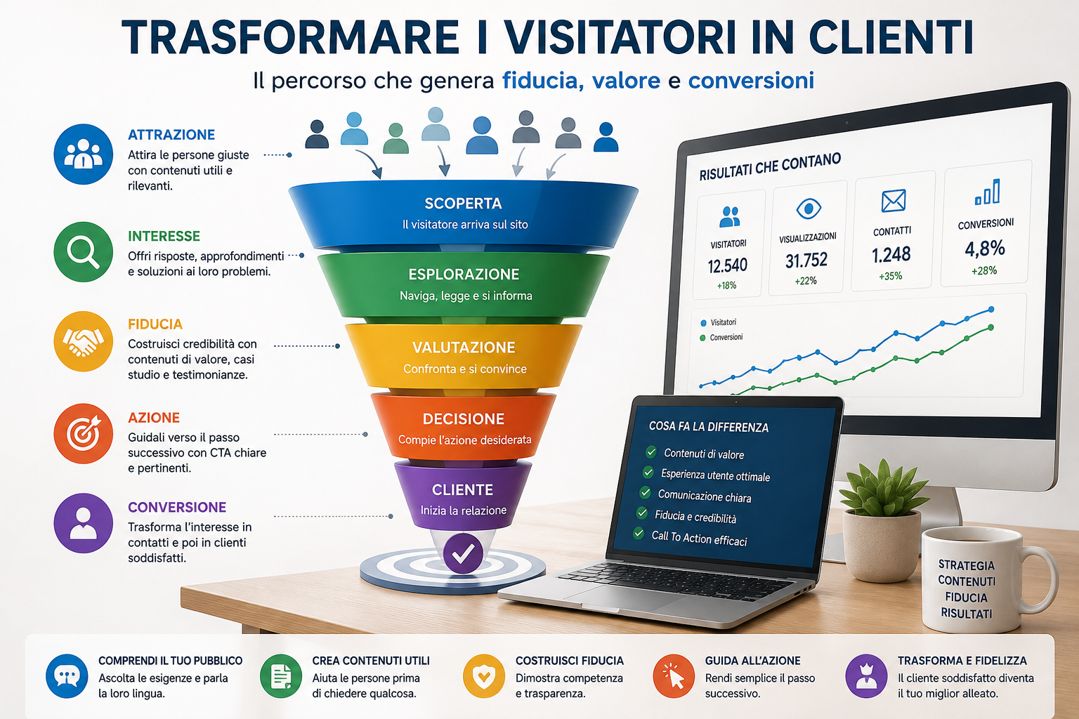 Trasformare i visitatori in clienti attraverso una strategia di marketing digitale basata su contenuti di valore, fiducia, funnel di conversione ed esperienza utente.