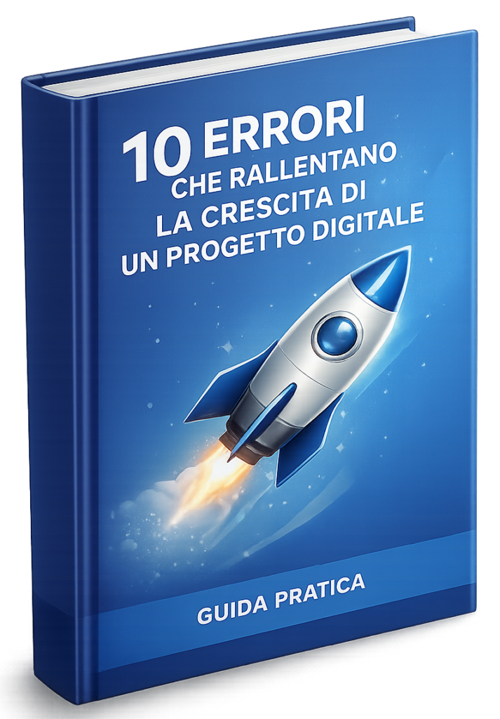 Copertina della guida gratuita "10 errori che rallentano la crescita di un progetto digitale" dedicata a strategie digitali, branding, siti web e marketing online.