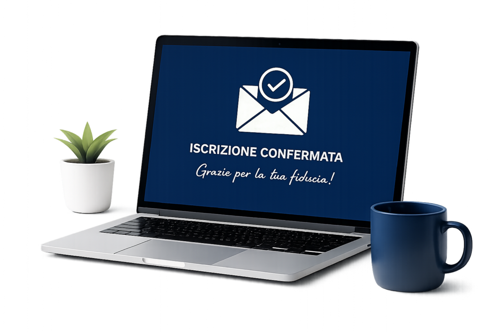Computer portatile con messaggio di iscrizione confermata alla newsletter, simbolo di benvenuto nella community e conferma dell'iscrizione.