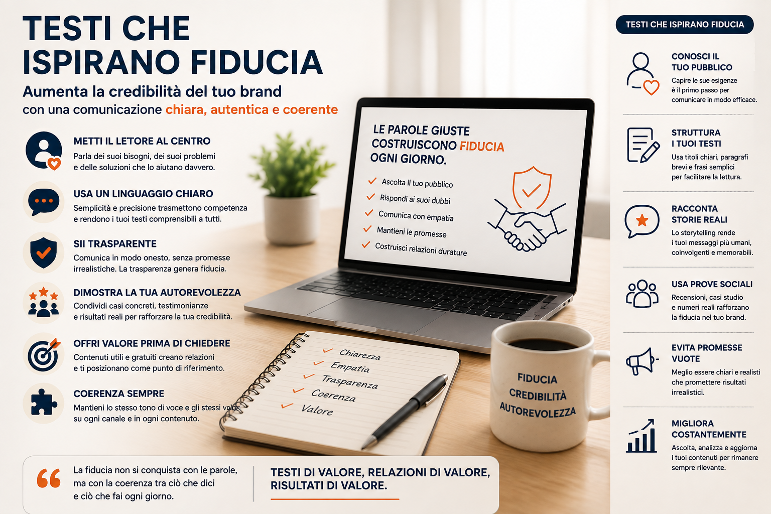 Testi che ispirano fiducia per aumentare la credibilità del brand attraverso una comunicazione chiara, trasparente, coerente e orientata al cliente.