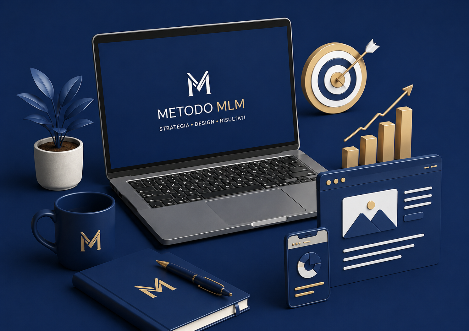Mockup del Metodo Lorenzo Melucci con laptop, dashboard digitale, grafici di crescita, target e strumenti di branding che rappresentano sviluppo web, marketing digitale e crescita del business.